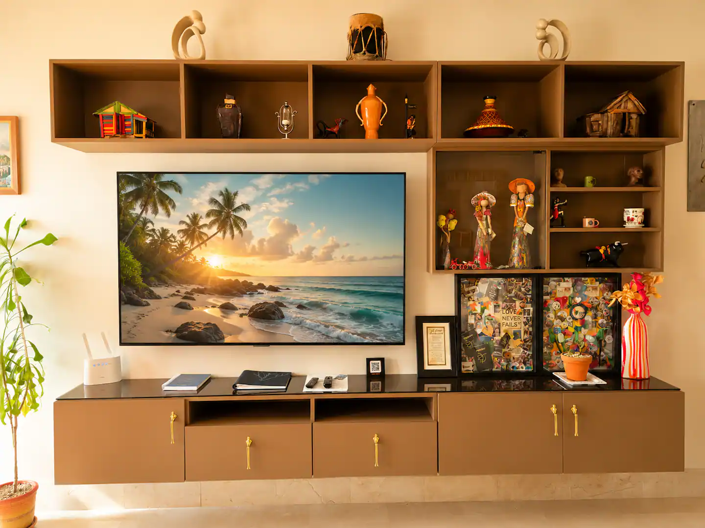 Mueble de televisión con pantalla de 65 pulgadas y estanterías