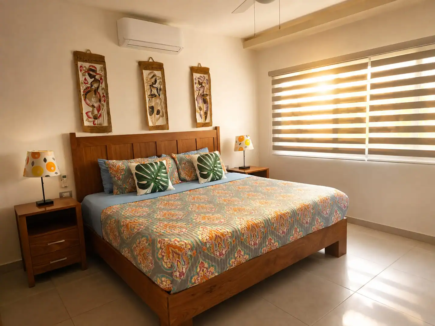 Habitación principal con cama king y ropa de cama tropical